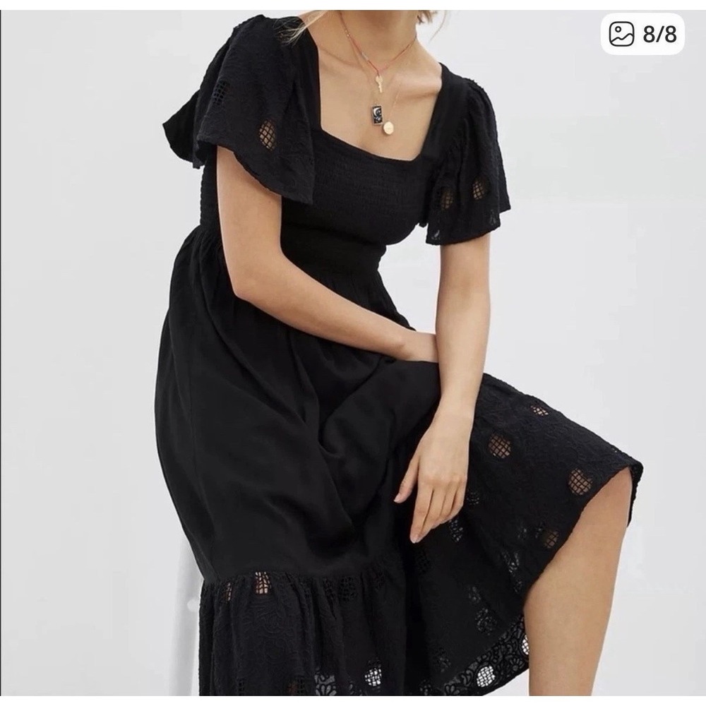 Seen Worn Kept Black Eyelet Smocked Midi Dress Square Neck Flutter Sleeve Medium
